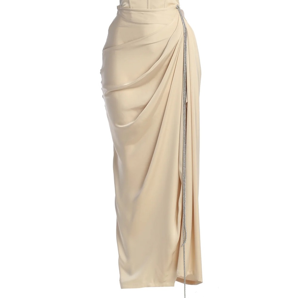 JLUXLABEL Cream Draped Maxi Skirt with Metallic Side Chain